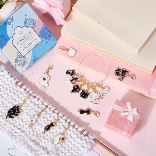 SUNNYCLUE 1 Box 40Pcs 10 Styles Stitch Markers Cats Crochet Cat Charm Alloy Enamel Black White Cute Kitty Coquette Gold Lobster Claw Clasps Charm for Weaving Knitting Crocheting DIY Crafts Supplies - style: Cat 3