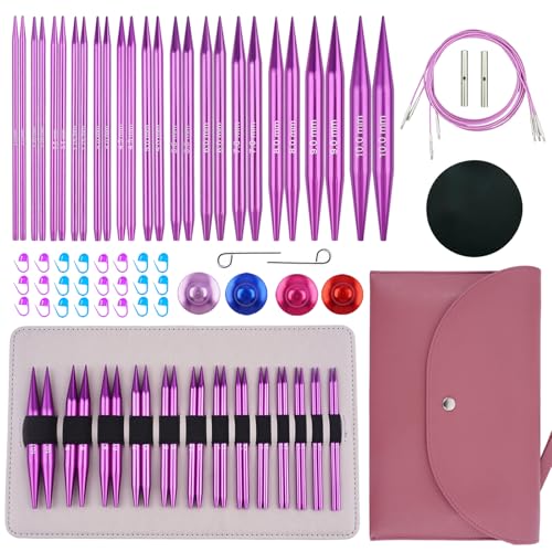 Hobekoee 13 Pairs Interchangeable Circular Knitting Needles Set | 3mm-10mm Interchangeable Aluminum Round Knitting Needles Set with 4 Memoryless Cables for DIY Knitting Lovers - color: Purple
