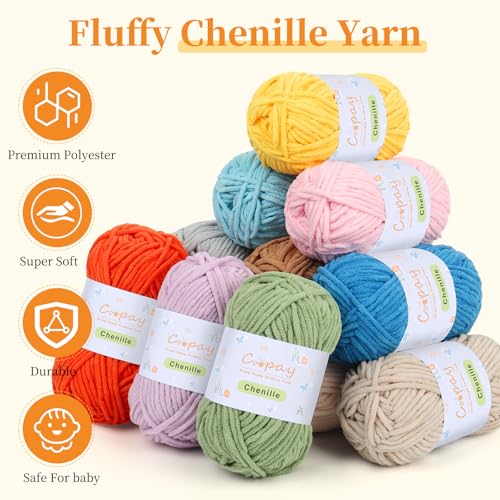 Coopay Chenille Yarn for Crochet, Medium Weight Yarn CYC #4, Black | Crochet Yarn Set - 400g Total, Soft Velvet Yarn for Colorful Crafts, Blankets, Plush Dolls, Decorative Handmade Works - color: Black, size: #4 Medium
