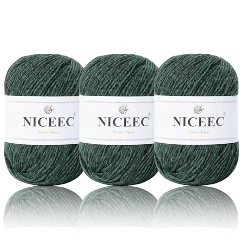 NICEEC 3 Skeins Soft Merino Wool Yarn- Green | Soft & Warm, Finger Weight, Woolen Yarn for Crochet & Knitting, Total 5.3oz/606yds - color: Green