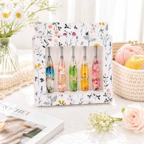 Katech 5 PCS Crochet Hook Set with Case (4.0mm, 5.0mm, 5.5mm, 6.0mm, 6.5mm) | Hand-Polished Stainless Steel Crochet Hooks with Dried Floral Grip, Ergonomic Crochet Hook for Arthritic Hands & Beginners - size: 5 Sizes(4.0-6.5mm)