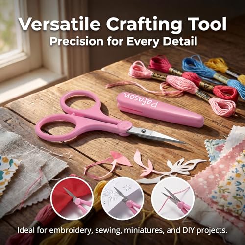 PAFASON Small Travel Sewing Crafting Scissors Set Straight Curved Tip | Stainless Steel for Quilting DIY Knitting Embroidery Cross Stitch Crochet Thread Yarn Paper Detail Cutting Safety Case - color: Curved 3.5in Red + Straight 4in Pink