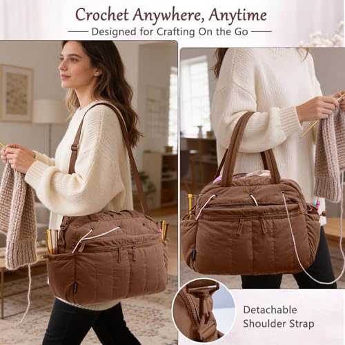 MYBAGZING Stylish Crochet Bag Organizer with Crochet Hook Case, Large Capacity Yarn Bag for Crocheting on the Go, Soft Quilted Crochet Tote with 7 Compartments, Knitting Project Carry-On Travel Gift - color: Brown