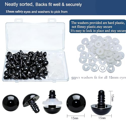 Thalinfayi 15mm Solid-Black Safety Eyes Craft Eyes for Amigurumi Crocheting | 100pcs Plastic Crochet Eyes and Washers for DIY Stuffed Plush Animals & Handmade Crafts ,Gloosy Smooth Surface, Even Color - size: 15mm