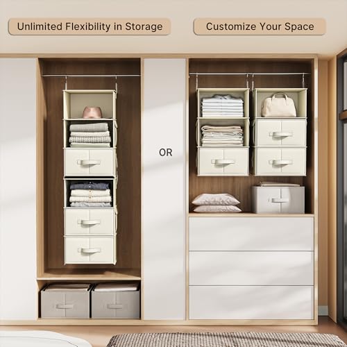 6-Shelf Hanging Closet Organizer with 3 Drawers, 2-in-1 Design, Beige | Converts into Two 3-Shelf Organizers, Foldable Drawers, Side Pockets, Ideal for Wardrobe, Nursery, Dorm & Closet Storage - color: Beige, size: 6-Shelf Separable