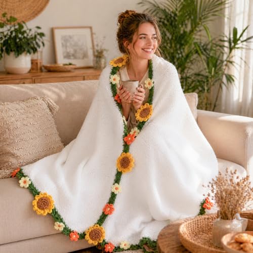 Ivydale 43inch Sunflowers Crochet Blanket Knitted Flower Bouquet Throw | Handmade Knitted Blanket, Gift for Her Girlfriend Mom Mother’s Day Valentine Wedding Anniversary Birthday - color: Yellow Sunflower