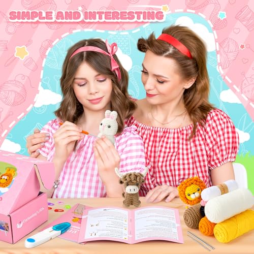 Fortuning's JDS Crochet Kit for Beginners, Amigurumi Crochet Animal Kits, Crocheting Kit for Starters Adult with Step-by-Step Video Tutorials, Animal Kits with Highland Cow, Lion, Bunny - color: Brown Orange white