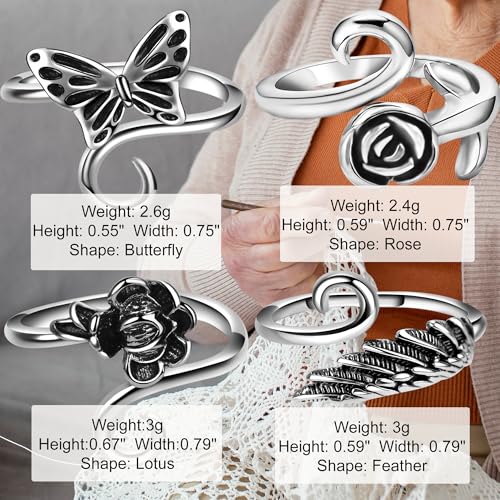 4 Pieces Crochet Ring for Finger Adjustable Yarn Tension Rings for Crocheting Yarn Guide Knitting Rings Crochet Tools - color: Rose & Butterfly & Feather Crochet Rings Set