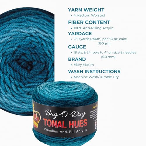 Mary Maxim Bag-O-Day Tonal Hues Ombre Yarn for Crocheting and Knitting, Medium Worsted Weight Anti-Pilling Acrylic Yarn Cake - 280 Yards, 5.3 OZ, Seven Seas - color: Seven Seas