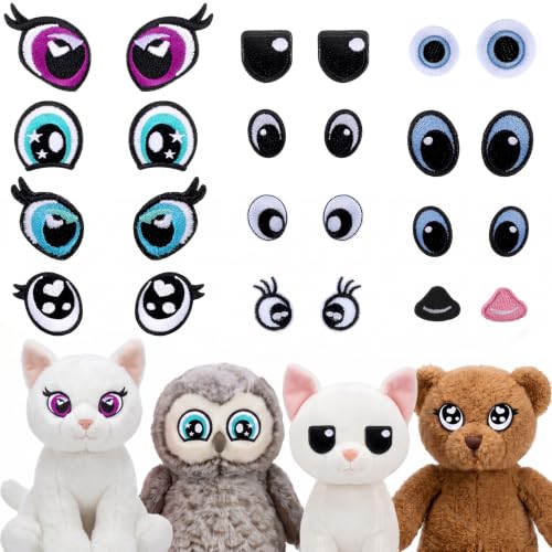 12 Pairs Embroidered Eyes 4 Sizes Colored Felt Craft Doll Eyes with Lashes Decorative Cartoon Eye Sewing Patches for DIY Crochet Animal Making Craft