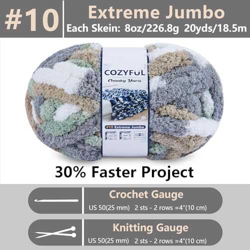 Cozyful Chunky Yarn for Hand Knitting - #10 Chunky Chenille Blanket Yarn, Jumbo Big Thick Chunky Yarns for Crocheting, Tie Dye Bulky Knit Yarns, 8 Skein (20 yds 8 oz Each Skein), Cream&Sage&Grey&Khaki - color: Cream&Sage&Grey&Khaki