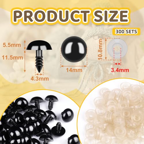 400Pcs Safety Eyes for Crochet Eyes Amigurumi， 14mm Safety Eyes for Stuffed Animals, 200pcs Washers whth 200pcs Plastic Craft Eyes for Crocheting Doll Eyes Making - color: 14MM 400pcs