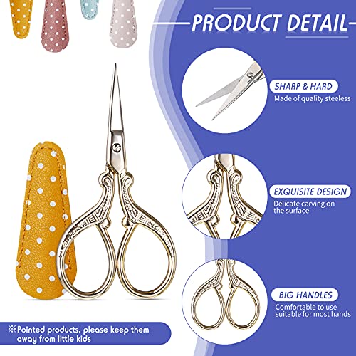 Honoson 4 Pcs Small Embroidery Scissors, 3.6", Simple, Retro Colors | Sewing Scissors with Leather Cover, Sharp Tip for Needlework Cross Stitch Crochet Knitting Craft, Stainless Steel Stork Shear - color: Retro Colors