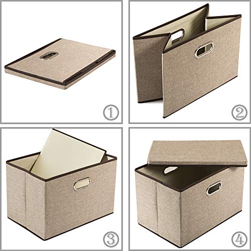 PRANDOM Large Collapsible Storage Bins with Lids [1-Pack] Jute Fabric Foldable Storage Boxes Organizer Containers Baskets Cube with Cover for Home Bedroom Closet Office Nursery (17.7x11.8x11.8) - color: Khaki, size: L(1-Pack)