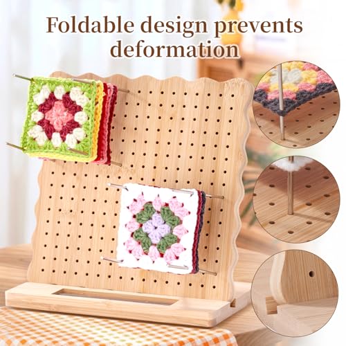 9.25 in Blocking Board for Crochet Projects, Granny Square Blocking Board with 20 Stainless Steel Pegs, Bamboo