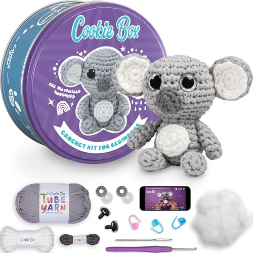 Cookie Box Crochet Kit for Beginners, Koala Coal | All Materials Included, Step-by-Step Video Tutorials, PDF Patterns, Easy DIY Craft, Amigurumi and Knitting Gift Set - color: Gray
