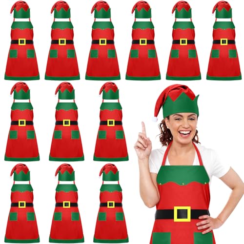 Handepo 12 Sets Christmas Apron and Hat Christmas Elf Costume Kit for Adults Women Cosplay Kitchen Xmas Holiday - color: Red, style: Classic