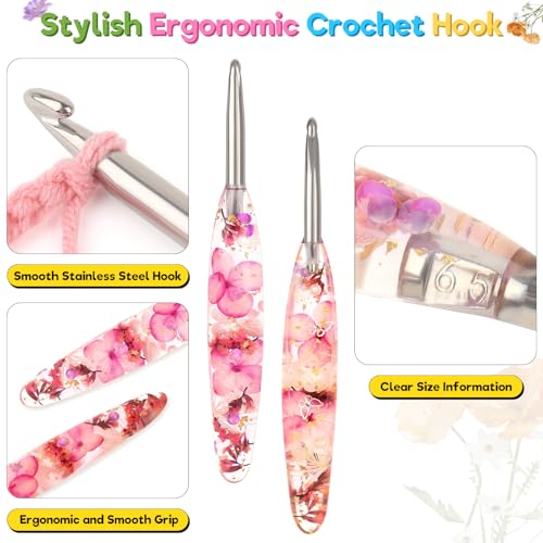 Katech 6.5mm Crochet Hook for Arthritic Hands,Hand-Polished Stainless Steel | Ergonomic Crochet Hooks with Customized Sparkle Dried Floral Grip, Smooth Tapered Hook-Crochet Gift for Beginner & Crocheter - size: 6.5mm