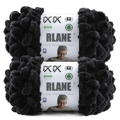 Loop Yarn for Finger Knitting Soft - Chunky Yarn for Hand Knitting - 2 Pack of 180 G/6.4 Oz - #7 Jumbo - 18 Yards - Chenille Blanket Yarn for Crocheting Blankets Amigurumi (2, Black) - color: Black