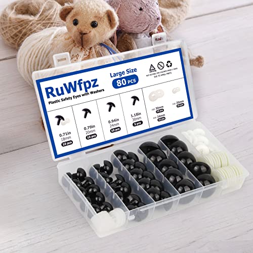 RuWfpz Large Safety Eyes for Crocheting Amigurumi 18-30mm 4 Sizes Black | 80Pcs, Hard Washer, Big Stuffed Animal Eyes with Labeled Storage Box, Plastic Crochet Animals Eyes for Crafts Doll Bear Plush