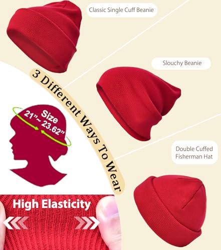 100% Cotton Beanie Hat Winter Hats Women Men Warm Knit Beanies | Double Layer Warmth ,Ultra-Soft Itch-Free Pure Cotton Knitted, Cuffed & Uncuffed Fisherman Slouchy Skull Cap for Womens Mens - color: 1pcs Red