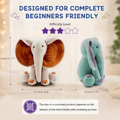 JYZJDKE Crochet Kit for Beginners Adults - DIY Amigurumi Elephant Knitting Starter Kit with Yarn Sets, Crochet Animal Kit Cute Stuffed Animal Craft Birthday Gifts (Beige White+Tiffany Green Elephant) - color: Beige White/Terracotta+Tiffany Green/Pink Elep