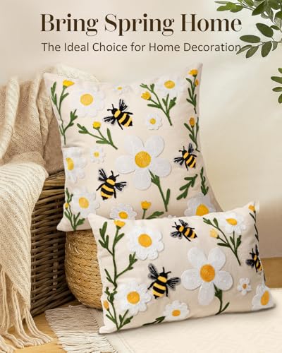 Embroidered Lumbar Pillow Cover 20x12 Inch, Flower Bee | Decorative Throw Pillow Cover, Floral Farmhouse Cushion Case with Hidden Zipper, Home Decor for Couch, Sofa, Living Room - color: Flower Bee, size: 20" x 12" (Pack of 1)