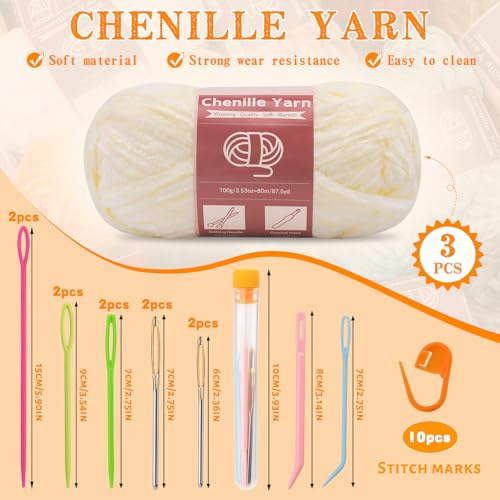 LUNARM Chenille Yarn 3 Pack 3.5oz Chunky Blanket Velvet Yarn 263 Yard | Beige Chunky Chenille Yarn for Beginners Crocheting Hand Knitting Scarves with Big Eye Needles Machine Washable - color: Beige