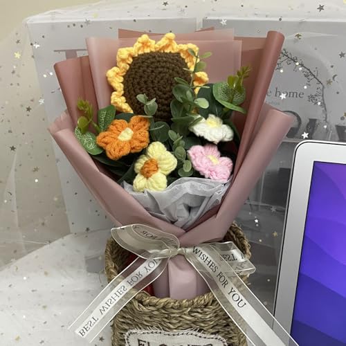Crochet Flowers Bouquet, Handmade Knitted Bouquet, Crochet Flower Kit Knitted Fake Sunflower Daisy, Gift for Mother Wife on Birthday Anniversary (01Cappuccino Color) - color: 01cappuccino Color