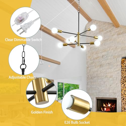 8-Light Plug in Chandelier, Sputnik Chandelier with Cord Modern Industrial E26 Black and Gold Pendant Light Hanging Lights Ceiling Lighting Fixture for Living Room, Bedroom, Dining Room, Kitchen - color: Sputnik