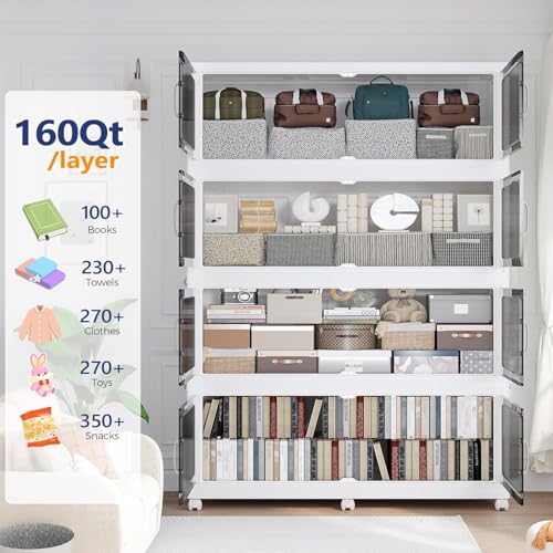200Gal Extra Large Stackable Storage Bins with Lid, 800QT Foldable Collapsible Storage Box with Doors & Wheels, Plastic Organizer for Bedroom Kitchen Garage Dorm, 5Pack - size: 40Gal-5Pack