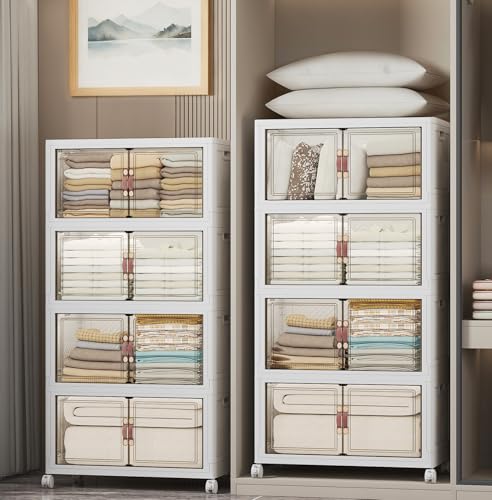 UAMFURI Stackable Storage Bins, 896QT Collapsible Drawers with 2 Lids | Large Capacity, Magnetic Door, Stack Lock, Rolling Wheels, Foldable Design, Organizers and Storage for Bedroom Dorm Garage - color: White-112qt, size: 8Pack with 2 top lids
