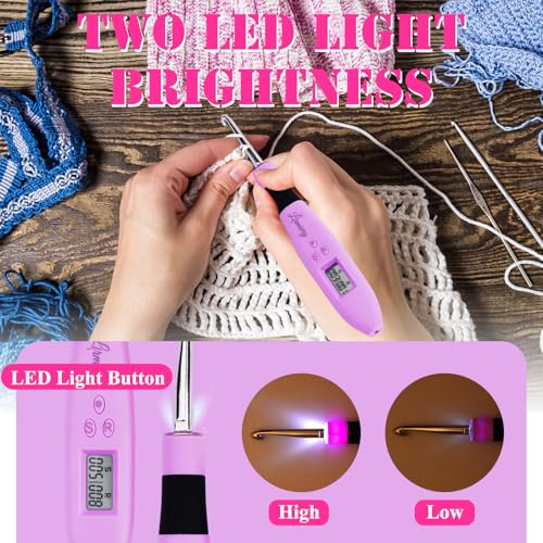 Counting Crochet Hook Set Digital Ergonomic Crochet Hook-LED and 2 Levels Brightness Dimmable Light Up Crochet Hooks& Digital Stitch Counter,Beginner Knitting Kit with 12 Interchangeable Crochet Hooks - size: 12size Counting Crochet