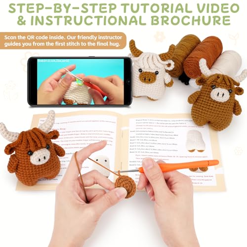 Fortuning's JDS Crochet Kit for Beginners - Crochet Highland Cow Beginner Crochet Kit for Adults, Complete Scottish Cow Crochet Animal Kits, Easy Crocheting Knitting Starter Kits Gifts - color: Brown Highland Cow