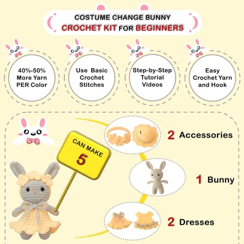 LoopMap Amigurumi Crochet Kit for Beginners with Removable Dress & Video Tutorials, DIY Bunny Making Kit Includes Premium Yarn & Tools, Creative Gift for Adults Teens (Yellow) - color: bunny-yellow