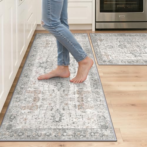 GENIMO Kitchen Rugs Set of 2, Washable Non Slip Cushioned Mats for Floor | 20"x32"&20"x48", Light Taupe Brown vintage boho rug, soft faux cashmere, easy-clean for laundry, entryway, sink, farmhouse - color: Light Taupe Brown, size: 20"x32"+20"x48"