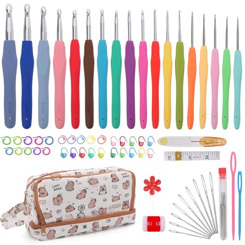Crochetbox Crochet Hooks Set, 18 Size 0.5mm-10mm(P) Ergonomic Handles Crochet Hooks with Case for Arthritic Hands, Kintting Needle with Crocheting Tool for Crocheters - size: 18 Size(0.5~10mm)