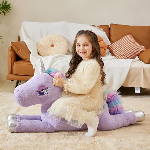 IKASA 43" Giant Unicorn Stuffed Animal Plush Toy,Full Stuffing,Zipper-Free | Extra Plump Full Body Filling, Child-Safe One-Piece Design, Cute Hugging Pillow Gift for Kids, Girls & Adults - color: Purple