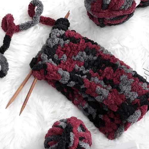 Maboozoo Tie Dye Chunky Yarn for Crocheting & Knitting - 8 Pack, Wine Red & Grey Fluffy Jumbo Chenille Yarn (26 yds, 7.5 oz Each Skein) - color: Wine Red,Grey