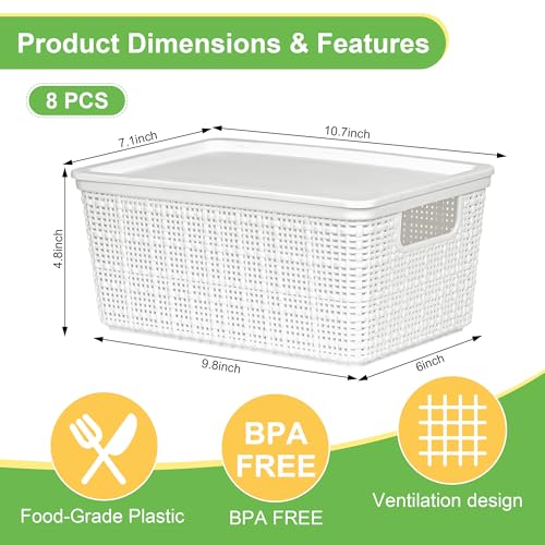 6 Pack Plastic Storage Baskets with Lid,White Stackable Bins | Durable Woven Plastic With handle Breathable,Save space,For Organizing Desktops, Closets, Playrooms, Classrooms, Offices - color: White