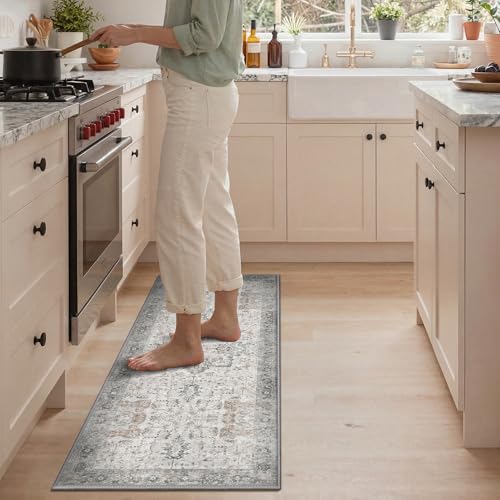 GENIMO Kitchen Rugs Set of 2, Washable Non Slip Cushioned Mats for Floor | 20"x32"&20"x48", Light Taupe Brown vintage boho rug, soft faux cashmere, easy-clean for laundry, entryway, sink, farmhouse - color: Light Taupe Brown, size: 20"x32"+20"x48"