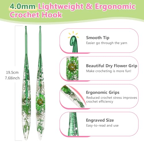 Katech 4.0mm Crochet Hook for Arthritic Hands, Long Aluminum Inline Hooks | Ergonomic Crochet Hooks with Dried Floral Grip-Elegant & Unique, Smooth Crochet Needle-Crochet Gift for Beginner&Crocheter - size: 4.0mm