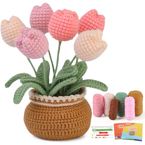 kgxulr Crochet Kit, Tulip Crochet Kit for Beginners, Knitting Kit | Beginner Crochet Kit, Crochet Flower Kit with Step-By-Step Video Tutorials, Beginner Crochet Kit for Adults - color: A-Tulip
