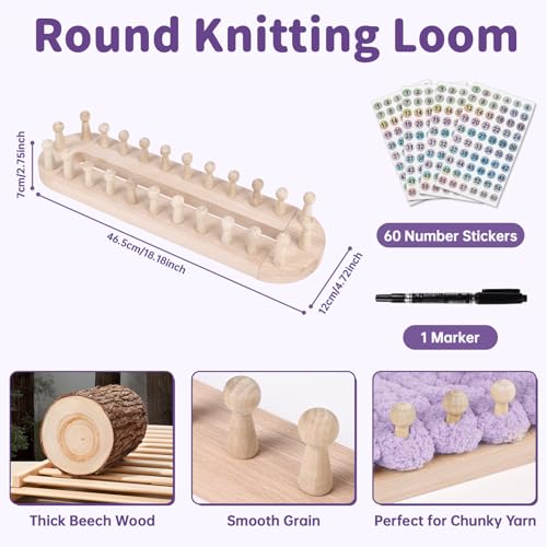 HomdMarket 18-inch Round Knitting Loom, Adjustable Circular Weaving Loom for Hats & Scarves - Premium Pure Beech Wood, Beginner-Friendly - Includes Number Stickers & Marker