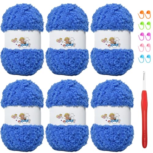 6 PCS Soft Coral Velvet Chenille Yarn for Crocheting,Fluffy Yarn for Knitting and Crochet DIY Craft,Warm Crochet for Bag Hat Scarve Gloves Slippers Dolls(Blue) - color: blue