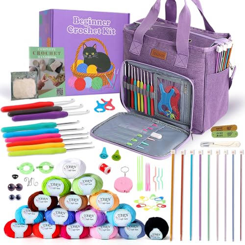 Lewhoo Crochet Kits for Beginner Adults, All Inclusive Crochet Set | with 9 Size Crochet Hooks, Afghan Crochet Needles 2.0-6.0mm, 1136 Yards Yarn Skeins Balls,Knitting Kits Storage Organizer - color: Purple