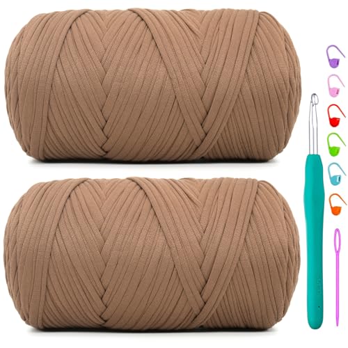 2 Pack Tshirt Yarn for Crochet,Coffee Brown T Shirt Soft Elastic Fabric Chunky Thick T-Shirt Crochet Yarn for Crocheting Knitting Beginner Hand Knitting Bag/DIY Craft/Home Decor 2 * 400G-Coffee Brown - color: Coffee Brown, size: 2 PACK