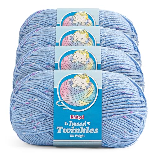 Tweed Twinkles Soft Baby Yarn DK Acrylic, 4-Pack (696Yds/400G), Baby Blue | Acrylic Baby Blanket Knitting Yarn with Free Patterns - Size 3 DK Light Worsted Weight Yarn for Crocheting with Flecks - color: Baby Blue, size: Pack of 4