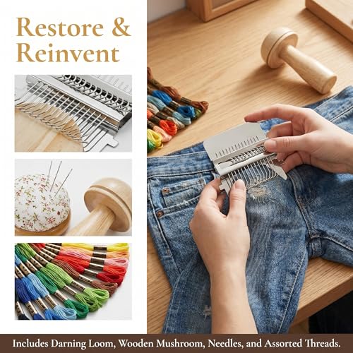 Mini Darning Loom,Handcraft DIY Weaving Repair Darning Kit for Beginner | Mushroom Knit Patch Kit with 14 Hooks Small Weaving Loom 14 Large Eye Needles 50 Color Threads 1 Floral Print Cushion - color: Mushroom-14 Hook