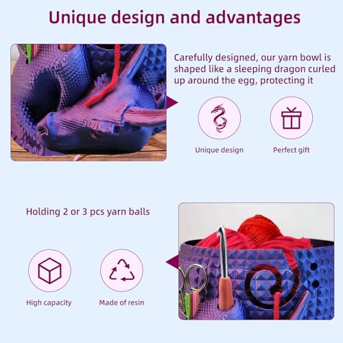 Fantasy Dragon and Egg Large Yarn Bowl for Crocheting Funny,Crochet Bowls for Yarn,Yarn Bowl for Knitting,Yarn Holder for Crocheting,Perfect Gifts for the Knitter,8.66inch×7.09inch×4.92inch(Purple)